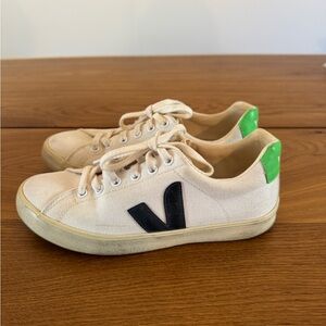 Veja Cream Canvas Sneakers with Black and Green Details